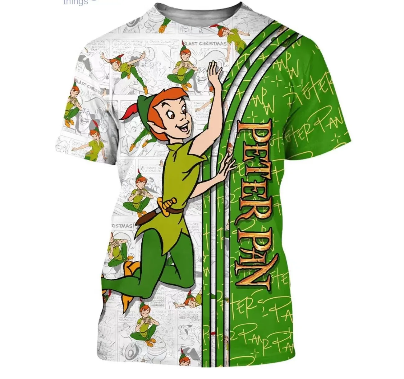 Green Peter Pan Cross Comic Book Patterns Disney Cartoon 3D T-Shirt