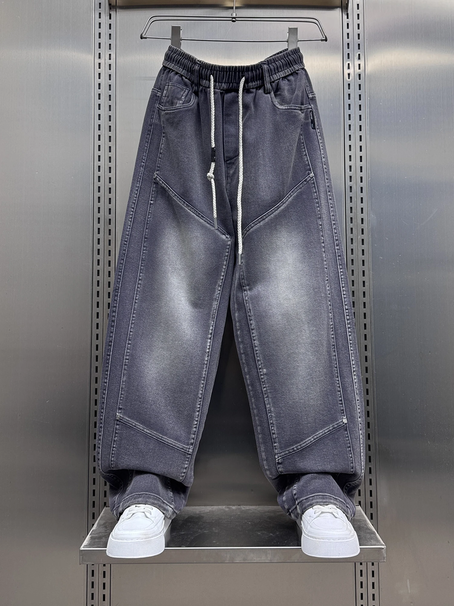 

Мужские повседневные брюки в американском стиле с пэчворком, свободного прямого кроя, с эластичным поясом на шнурке, широкие штанины, весна-осень, новинка