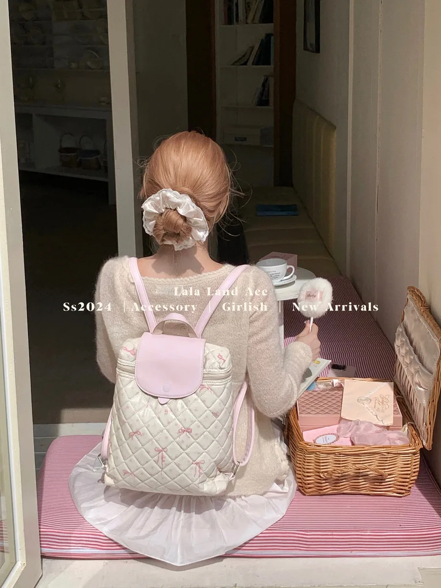 

Японский оригинальный розовый, белый, милый, милый принт, милый рюкзак с бантом в стиле Лолиты, женские школьные сумки большой вместимости для девочек в студенческом стиле