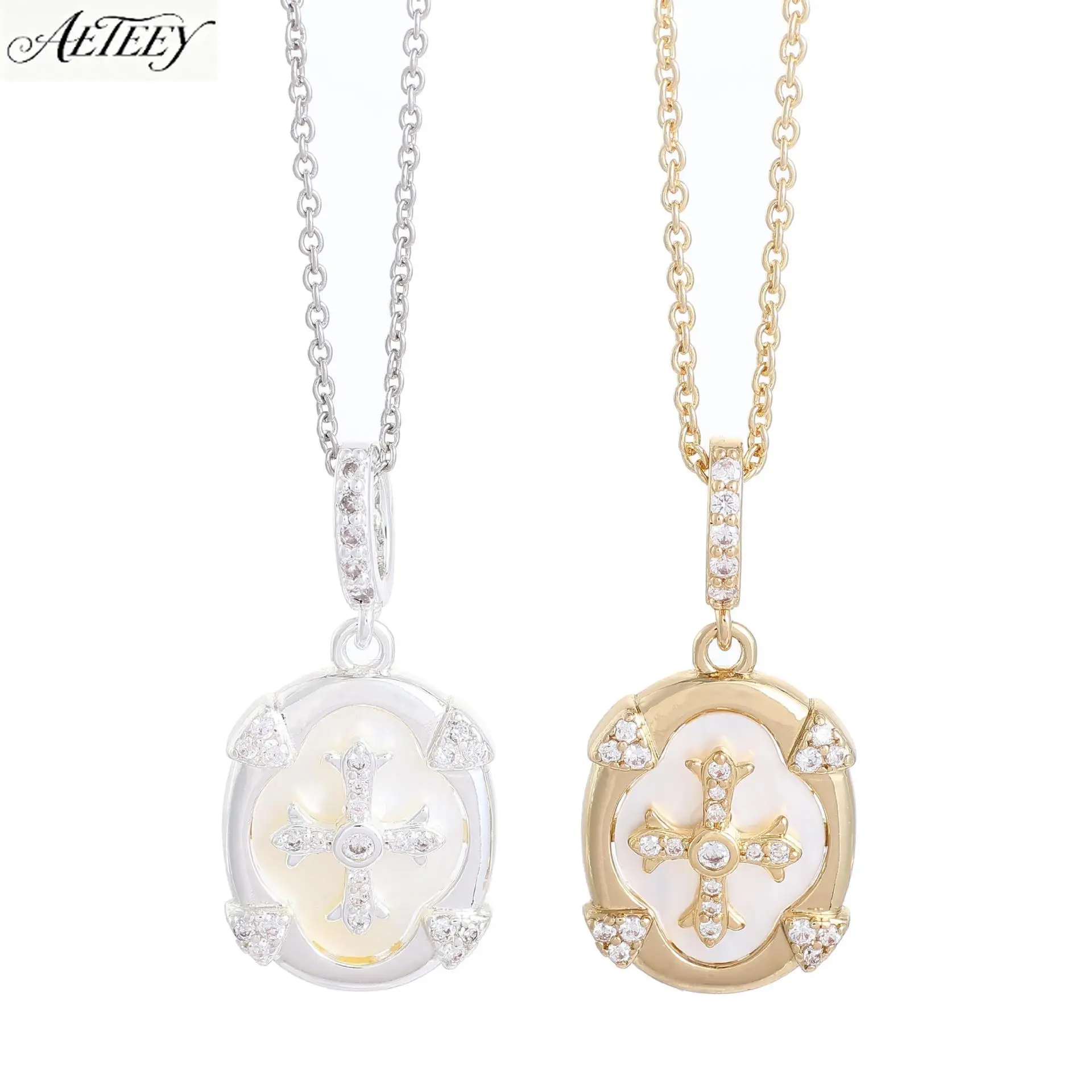 AETEEY Luxury Shell Cross Necklace Niche Mother Of Pearl Pendant Elegant Women High Texture Clavicle Jewelry