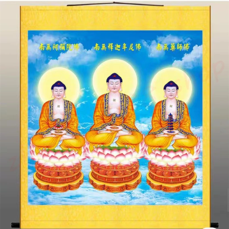 Sanbao Buddha, home decoration, silk painting, auspicious, customized style