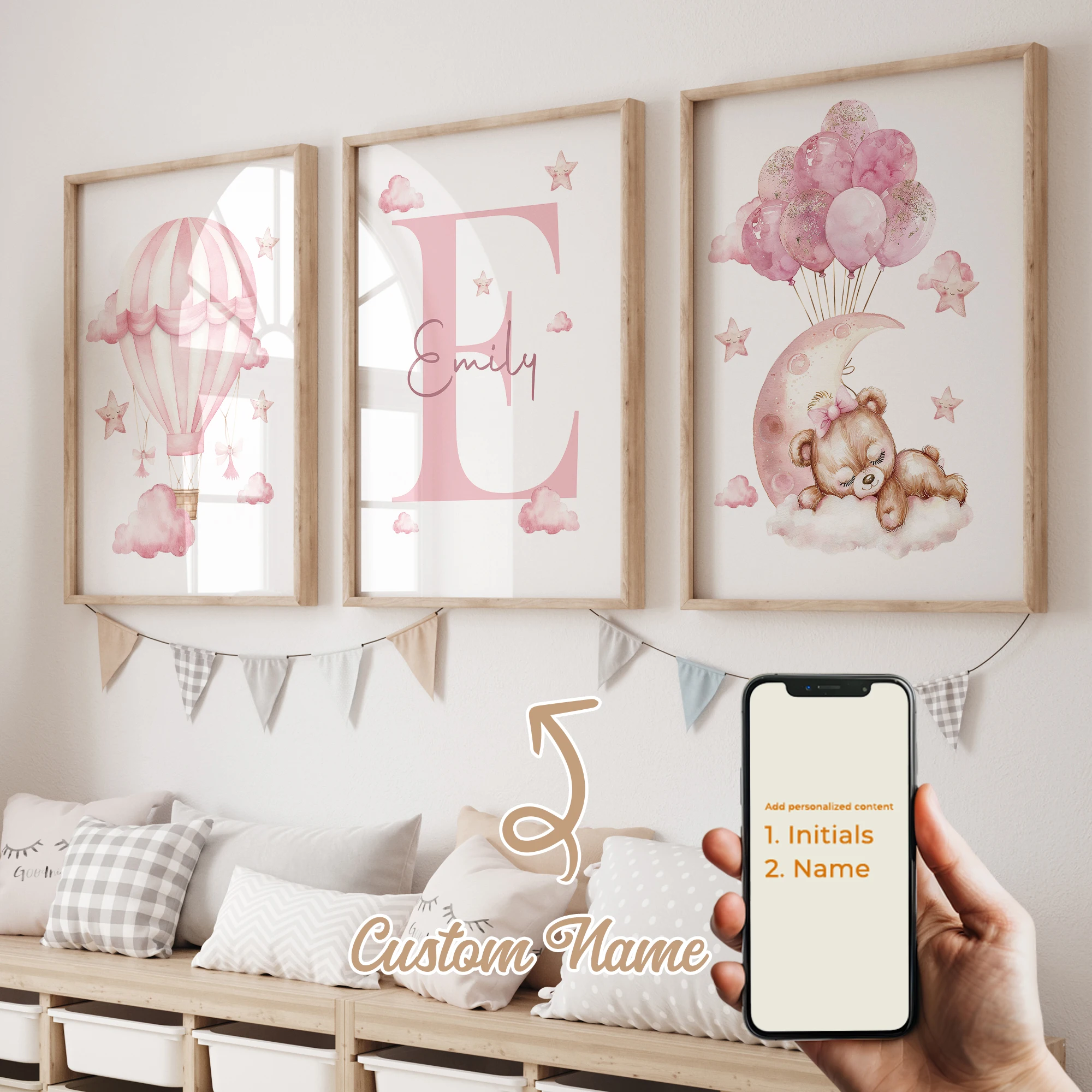 3-teiliges personalisiertes Wandbild mit Cartoon-Rosa-Bär, Leinwanddruck, Poster, Gemälde für Wohnzimmer, Kinderzimmer, Heimdekoration