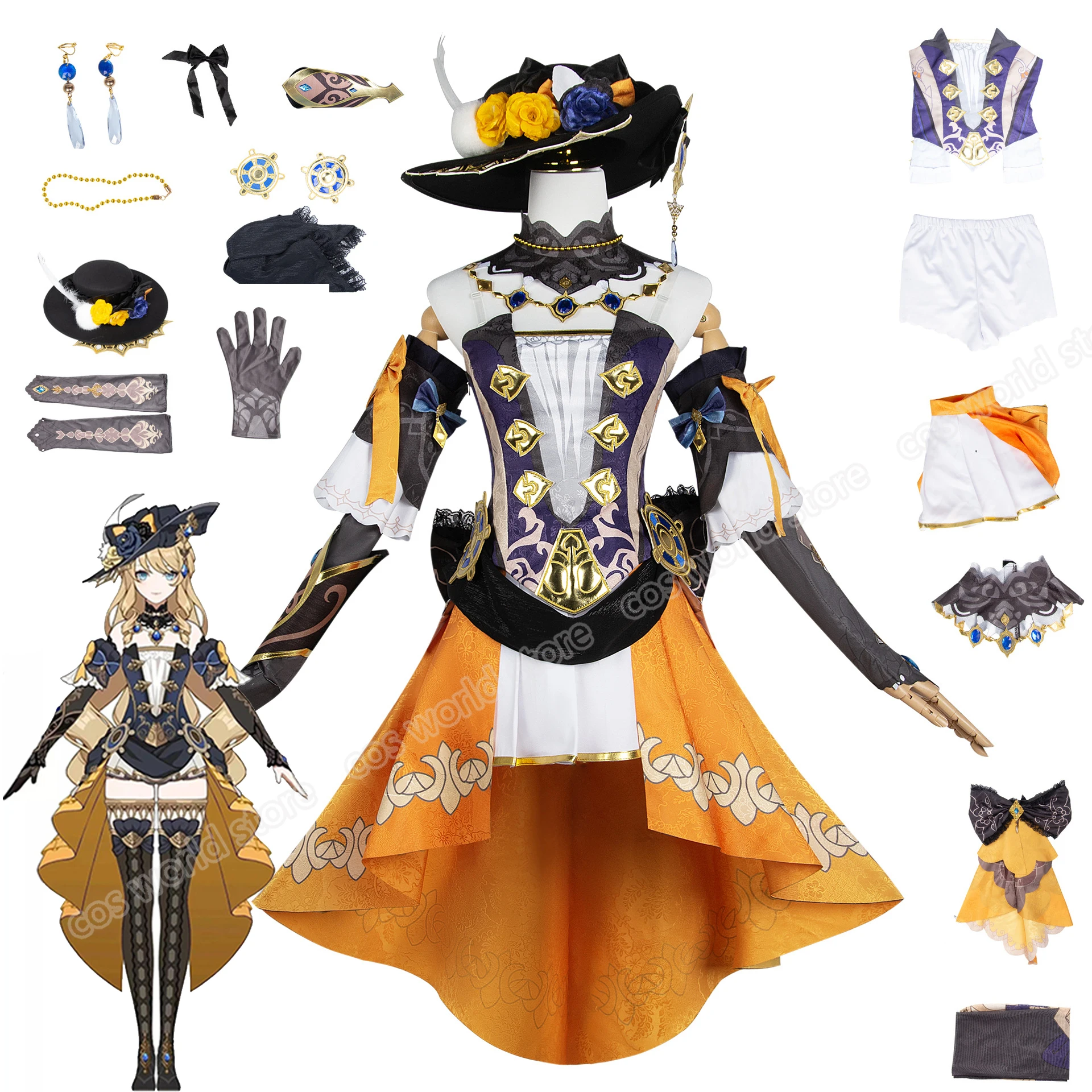 

Genshin Impact Navia Cosplay Costumes Adult Women Sexy Strapless Dress With Hat Outfit Halloween Carnival Party Clothes Uniform