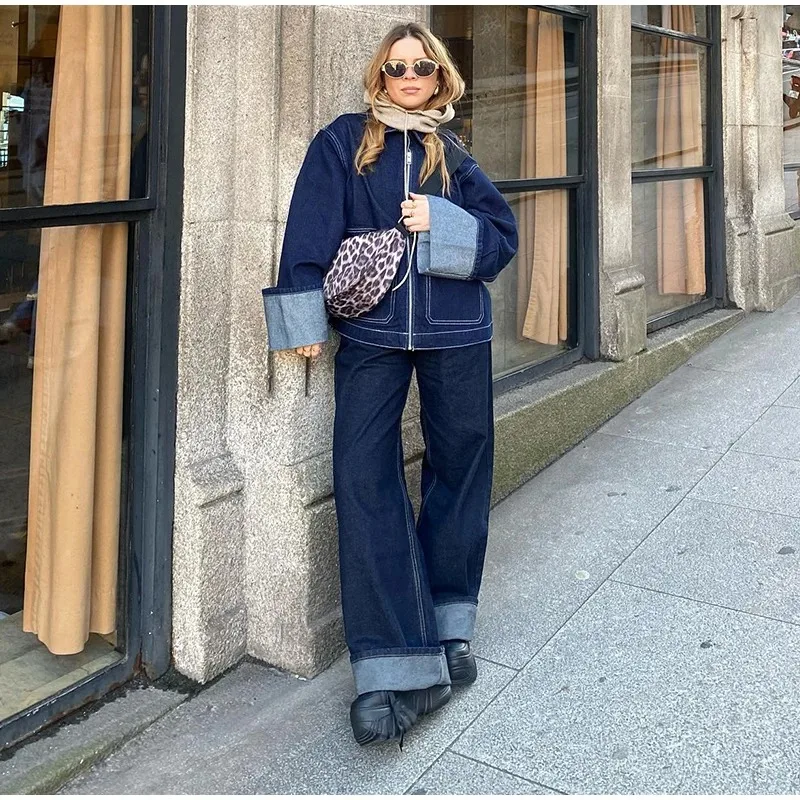 Fashion Zipper Tasche Denim Hosen Sets Frauen Lose Revers Volle Hülse Jacke Breite Bein Jean 2025, Frühling Dame High Street Outfits