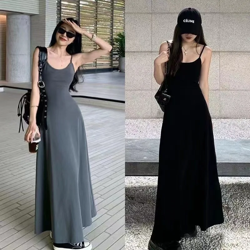 

Hot Girl Pure Color High Waist Strap Dress Women Summer New Waist Slimming Shoulder Exposure Base Long Over-Knee Dress