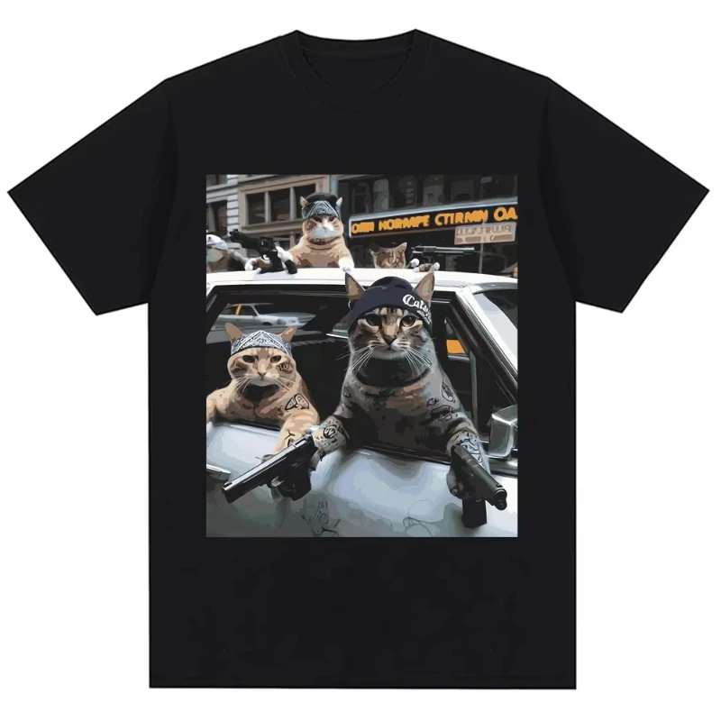 

Мужские и женские хлопковые повседневные футболки с короткими рукавами, уличная одежда, забавная футболка с рисунком Cat Gang Meme, винтажная новинка, тренд