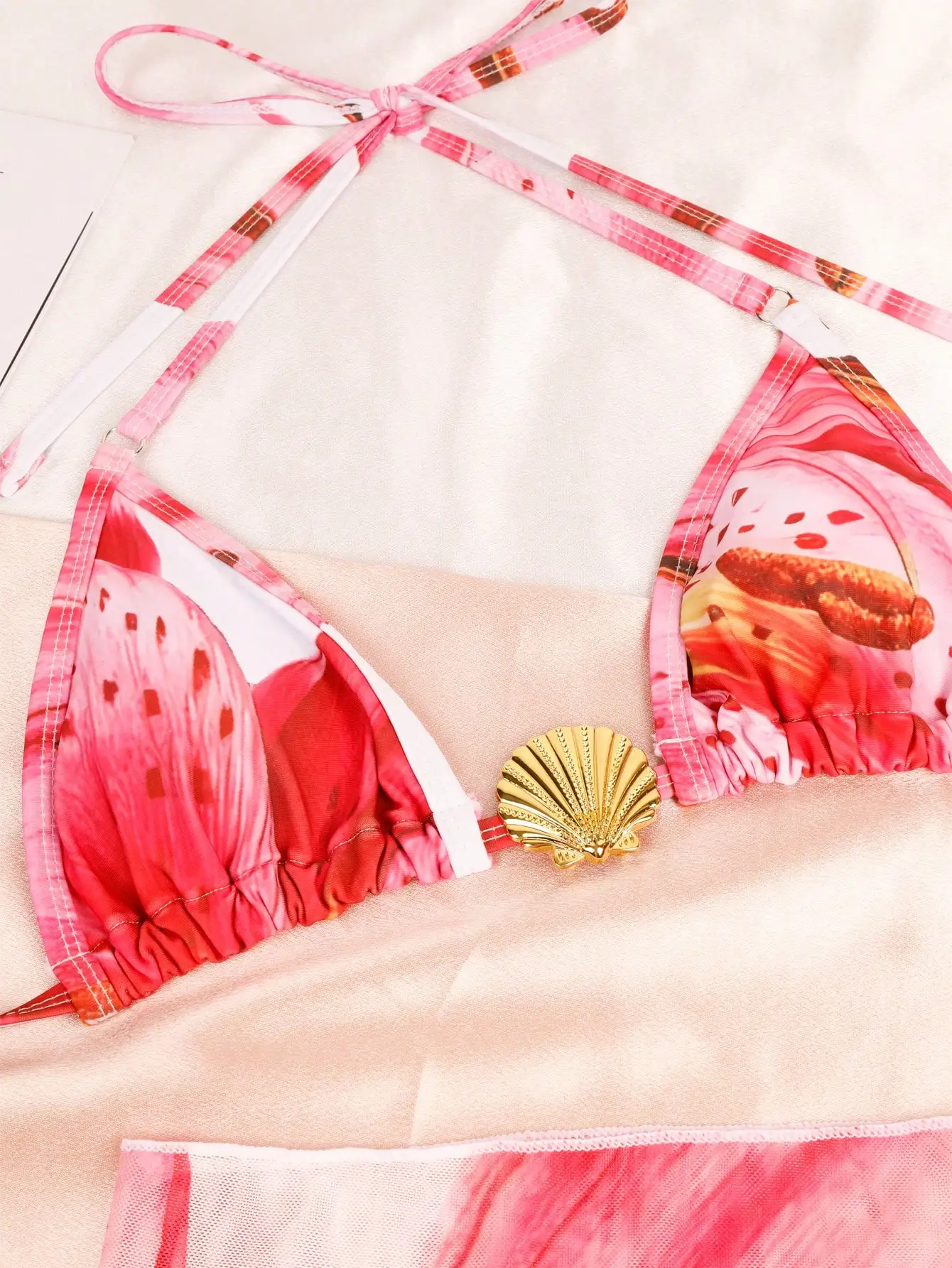 Women's 3pcs Bikini Set – Pink Floral Triangle Top, Bottom & Skirt With Shell Metal Decor, Summer Beachwear
