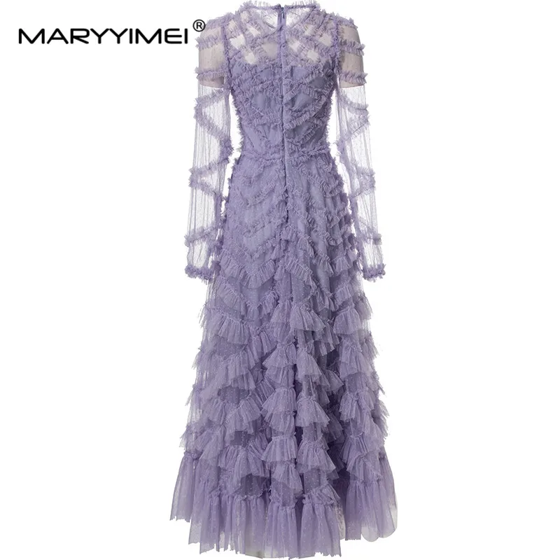 MARYYIMEI Red/Pink/Lavender/Sky Blue Spring Women\'s dress Long-Sleeve Mesh Splicing Edible Tree Fungus Maxi Party Dresses