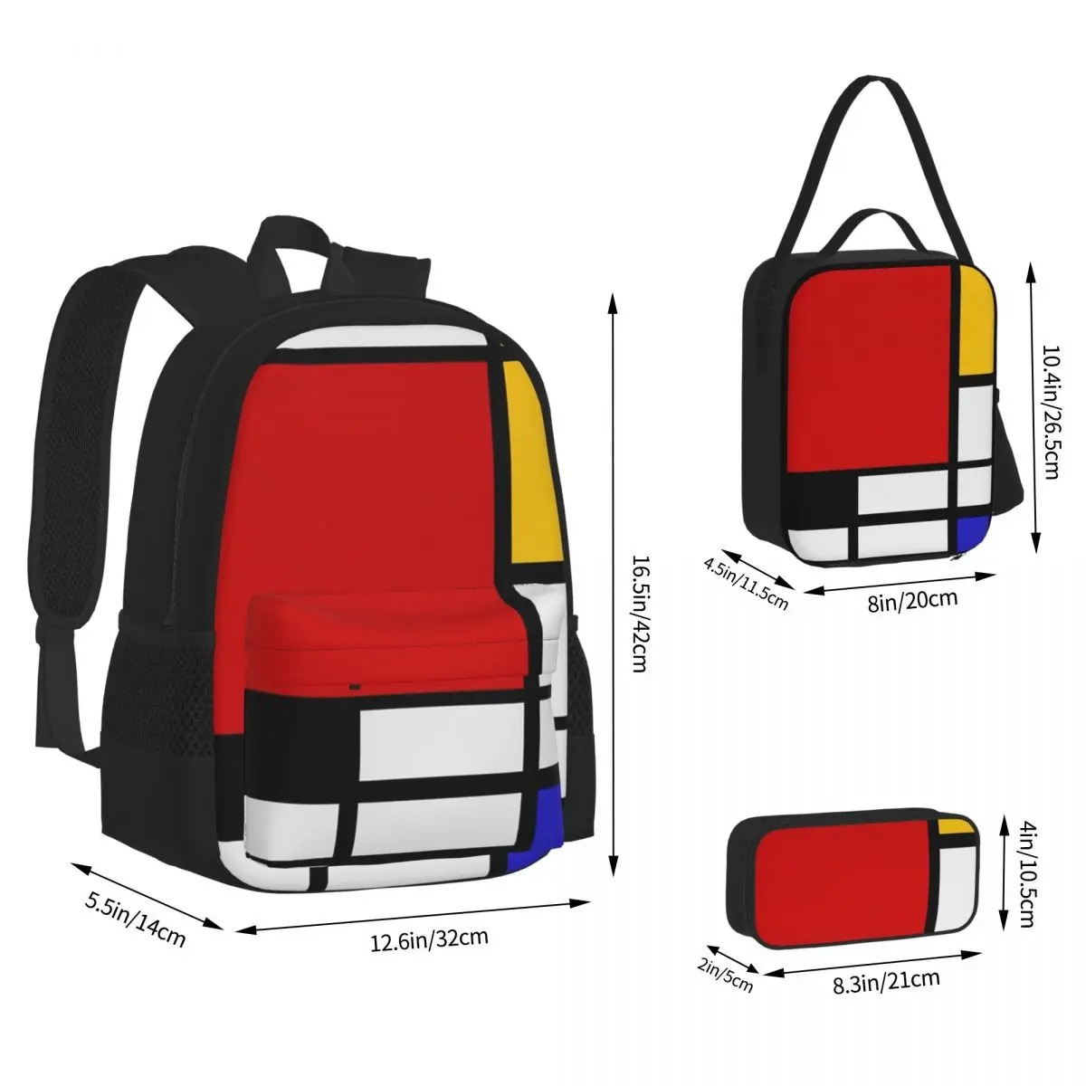 Piet Mondrian De Stijl Backpacks Boys Girls Bookbag Students School Bags Kids Rucksack Lunch Bag Pen Bag Three-Piece Set