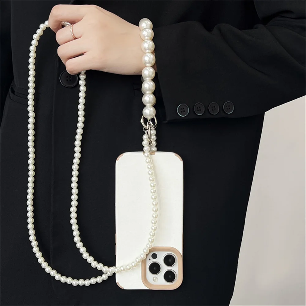 Phone Lanyard Long Crossbody Necklace Chain Hand-beaded Plastic Pearl Strap Anti-lost Sling Universal Clip Bag for Phone Case