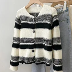 Winter Contrast Striped Casual Knitwear Women Clothing Fashion Knitted Cardigan Female All-match 2023 New Sweater Coat