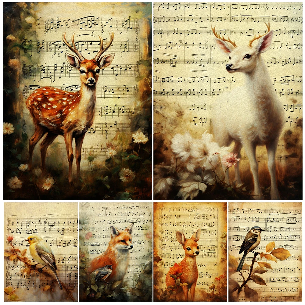 

Sika Deer,Horse,Fox,Bird And Music Score Vintage Wall Art Canvas Painting Victorian Botanical&Animal Aesthetic Art Poster Print