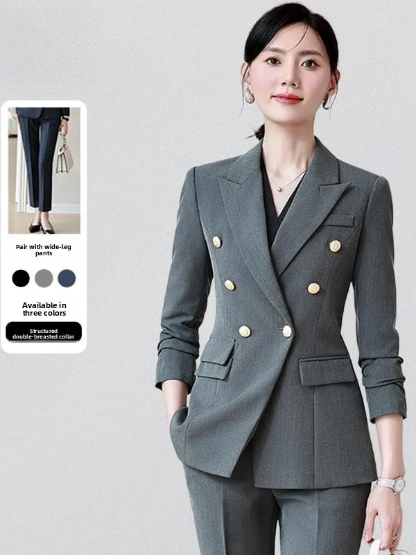 

Повседневный женский костюм-двойка для осени и зимы: модный профессиональный комплект для работы в отеле, с длинными рукавами и брюками, из полиэстера, вискозы и спандекса