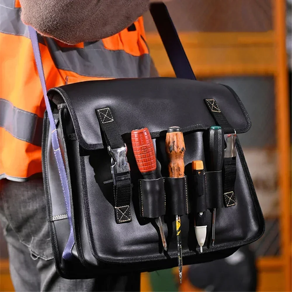 Pure Leather High-Grade Large Capacity Tool Bag Multifunctional Shoulder Bag Waterproof Electrician Wear-Resistant with Pockets