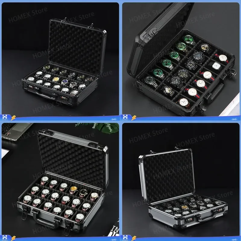 18 Slot Aluminum Alloy Watch Storage Box with Wave Cotton Pillow Combination Lock Portable Organizer Case for Men Jewelry