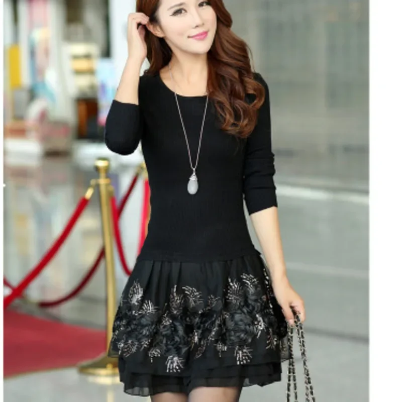 Spring Autumn Sweater Dress Women O-Neck Slim False Two Piece Mini Knitted Dresses Ladies Sexy Short A-line Dress Female