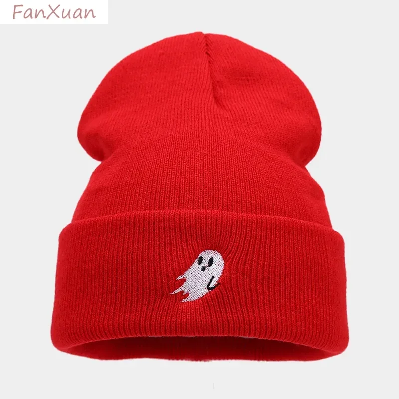 Y2K Cute Ghost Embroidery Beanies Hats for Men Women Unisex Teens Knit Autumn Winter Hats Skiing Caps Solid Color