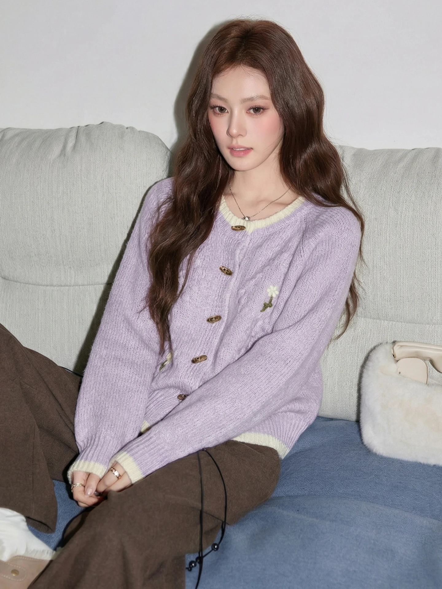 

Purple Knitted Open Cardigan Women's Loose Sle Comfortable Soft Spring Outerwear with Horn Buttons Korean Version Slimming