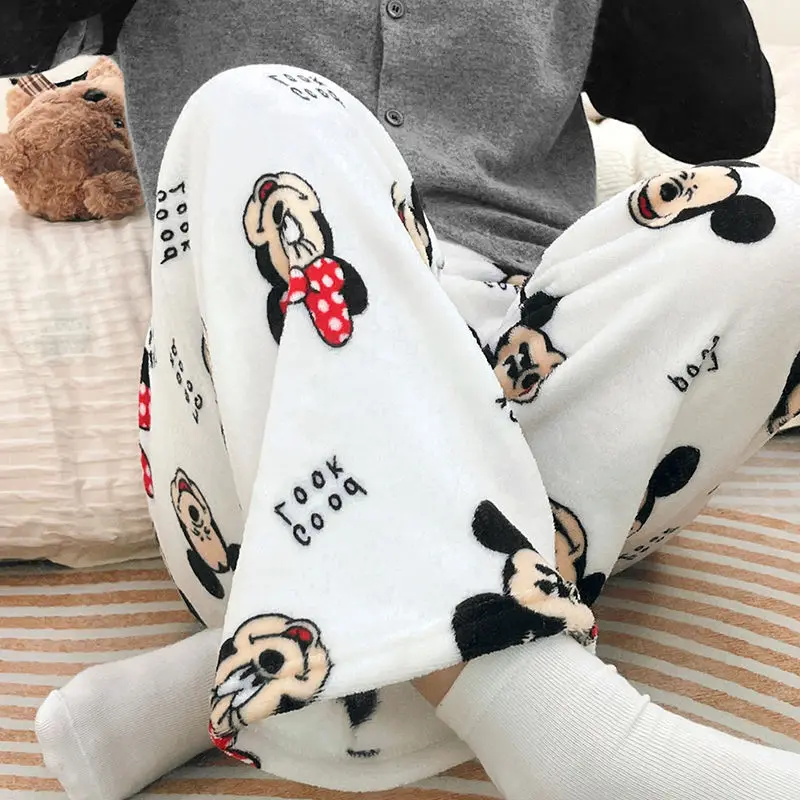 Disney Mickey Mouse Cute Cartoon Design Plush Sleeping Pants Trend Simple Fleece Home Pants Autumn Winter New Warm Casual Pants