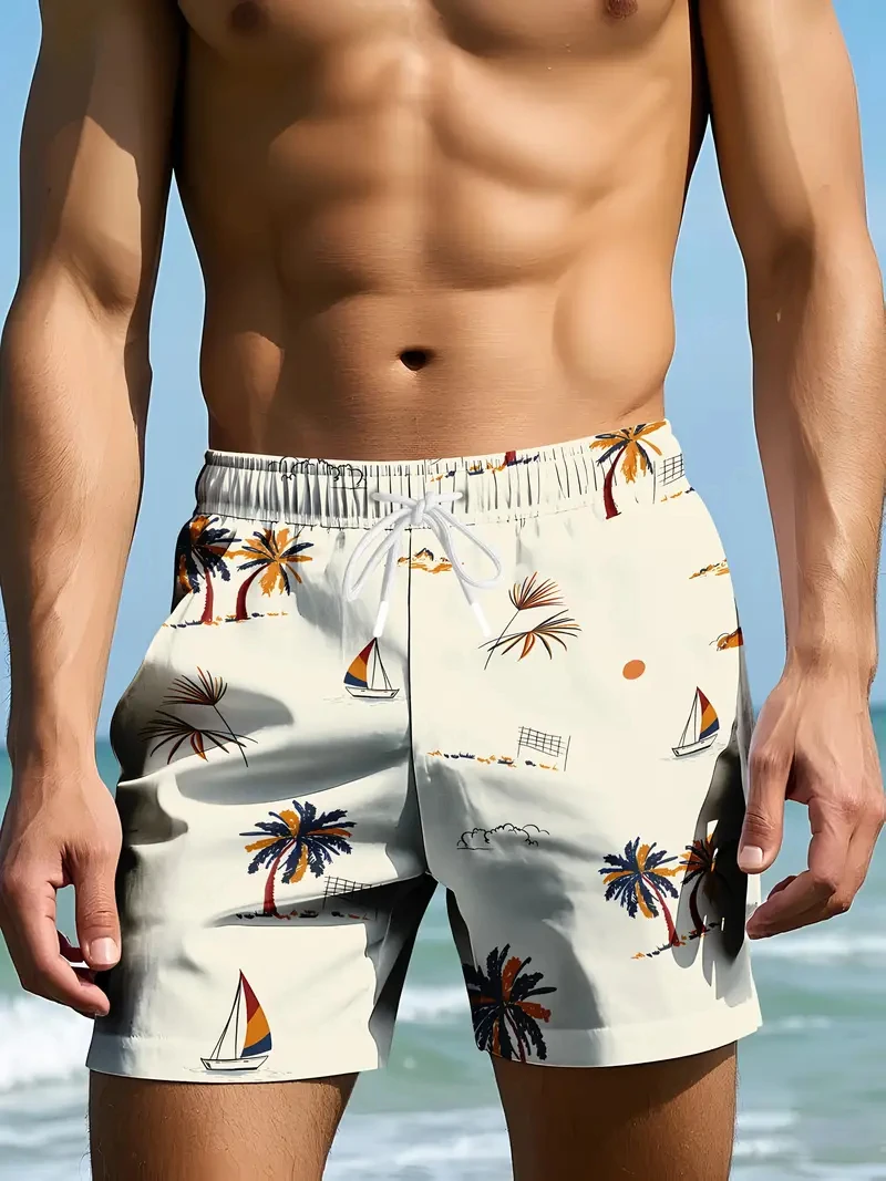 Trendy Palm Tree Pattern Beach Shorts For Men Fashion Summer Holiday Vacation 3D Printed Short Pant Casual Oversized Swim Trunks