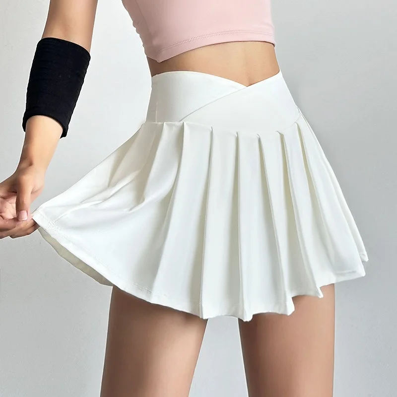 Aiithuug Crossover Waist Running Skirt Tennis Golf Skirt with Pocket Back Pocket Athletic Summer Skirts with Shorts Cross Waist