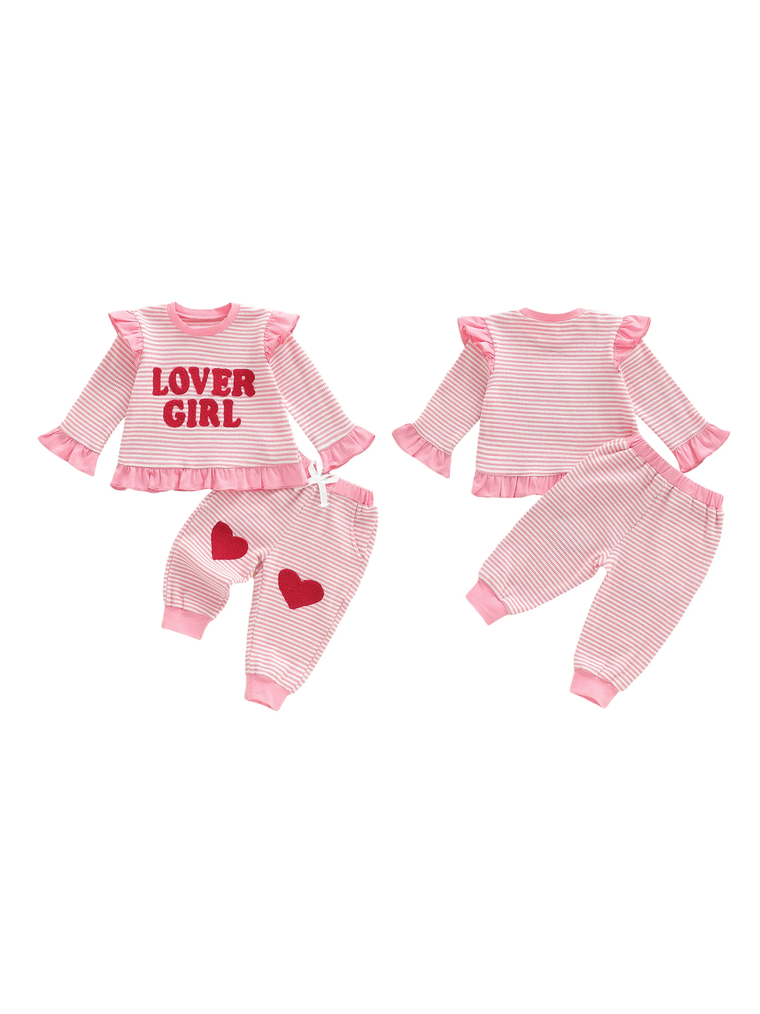 طقم ملابس للفتيات لعيد الحب بأكمام طويلة ورقبة دائرية مع حروف مطرزة وسروال برباط مخطط #2