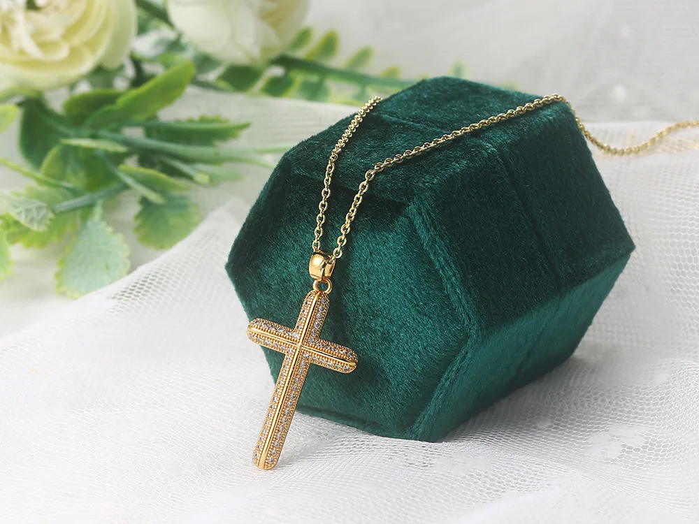 Hochwertige Goldfarbene Zirkon-Kreuz-Anhänger-Halskette, Goth-Choker für Frauen, Halloween-Geschenk, Großhandel Modeschmuck Geschenk – Detail 4