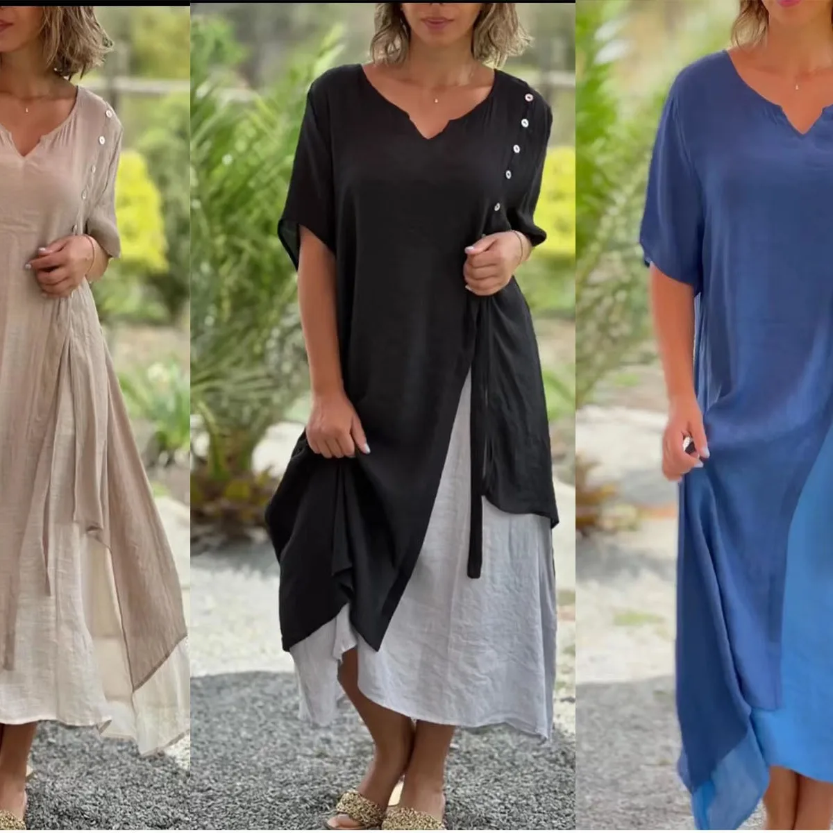 

Fashion V-neck Short-sleeved Asymmetrical Dress European and American Women's Clothing Spring and Summer 2025