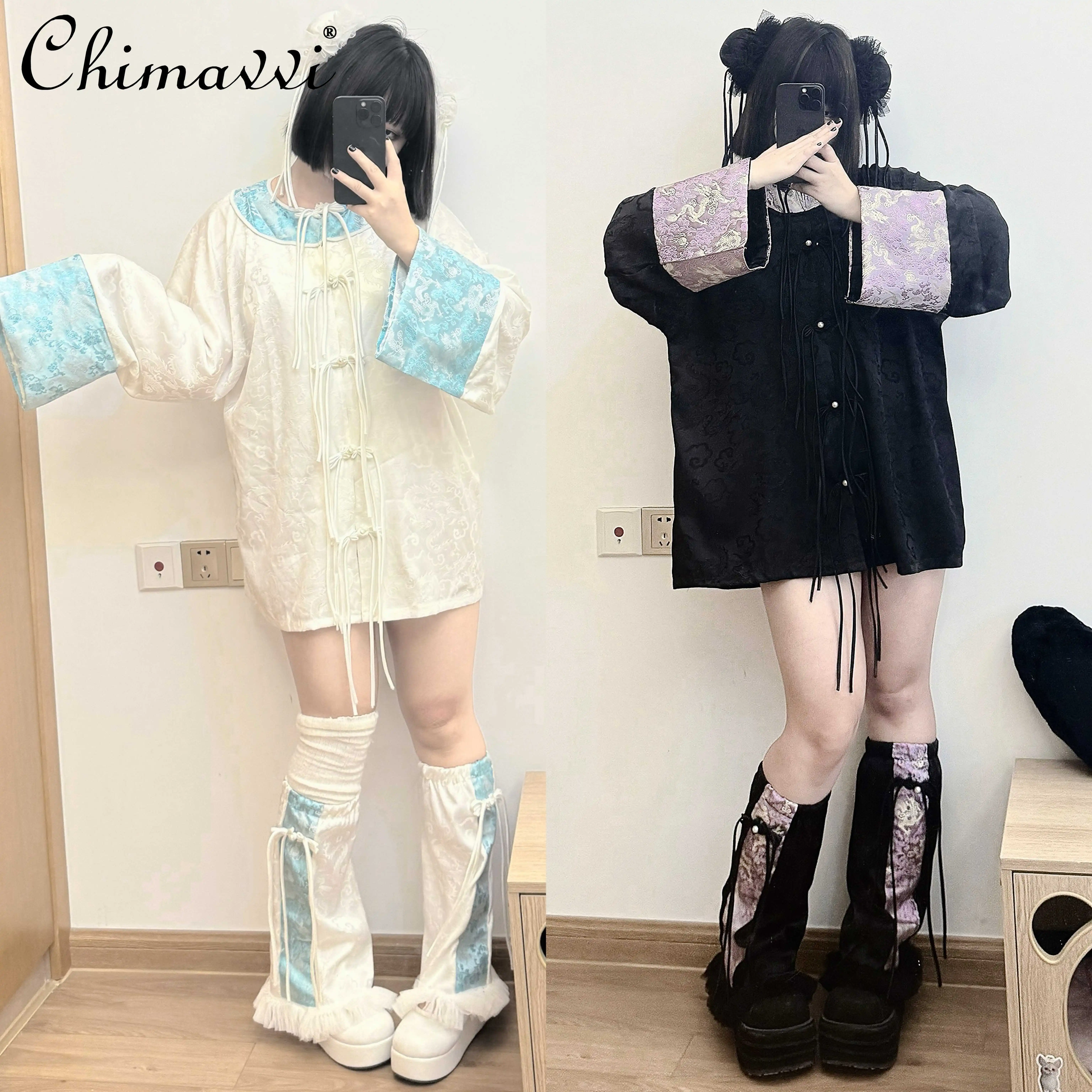 

Original Design New Chinese Style Button Jacket Autumn Sweet Girl Long Sleeve Loose Lolita Water Color Black Purple Womens Coat