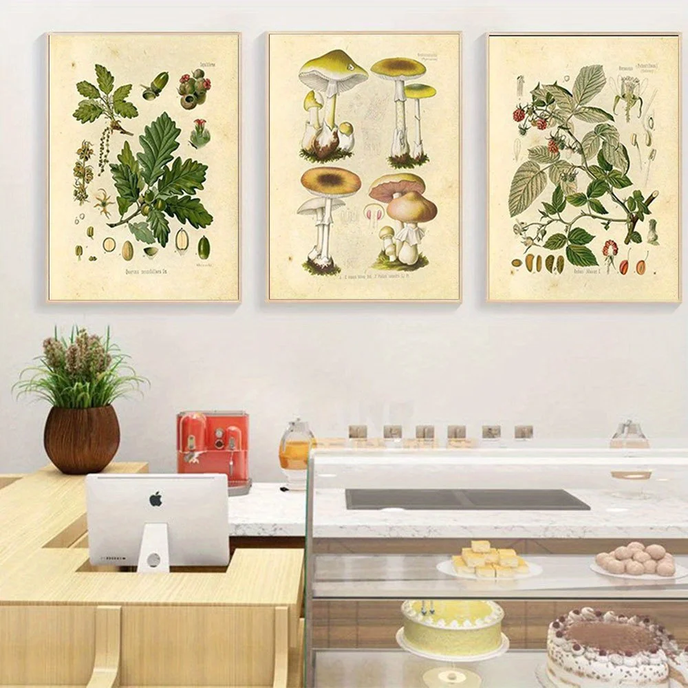 2D Flat 3pcs Unframed Ink Inc Botanical Vintage Prints Forest Plants by Ink Inc Forest Wildflowers Mushrooms Boho Farmhouse D