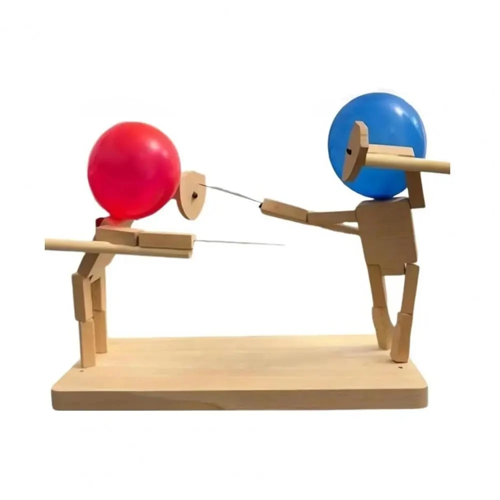 2024 New Handmade Wooden Fencing Puppets, Wooden Bots Battle Game for 2 Players,Fast-Paced Balloon Fight, Whack a Balloon Party