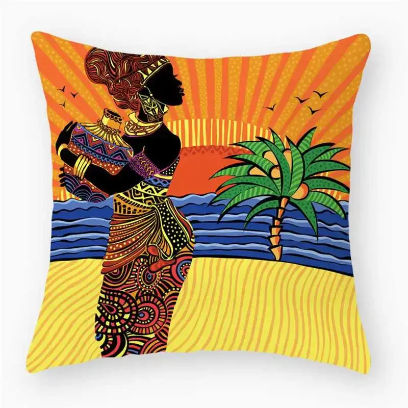 アフリカの女性柄プリントの短毛プラッシュ素材のクッションカバー、リビングルームのソファ装飾用
