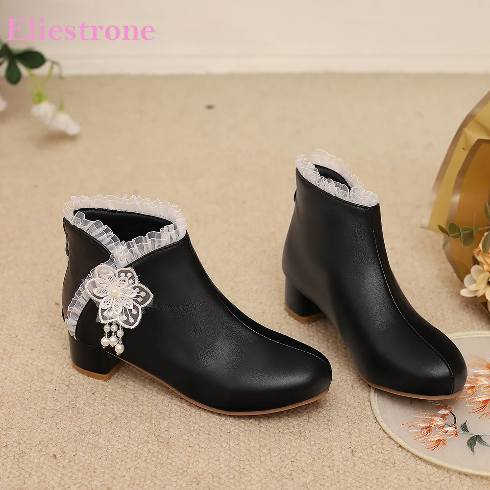 

2025 Новые зимние удобные черные розовые женские ботильоны на среднем массивном каблуке Офисные женские туфли плюс маленький большой размер 12, 30, 43 46 48