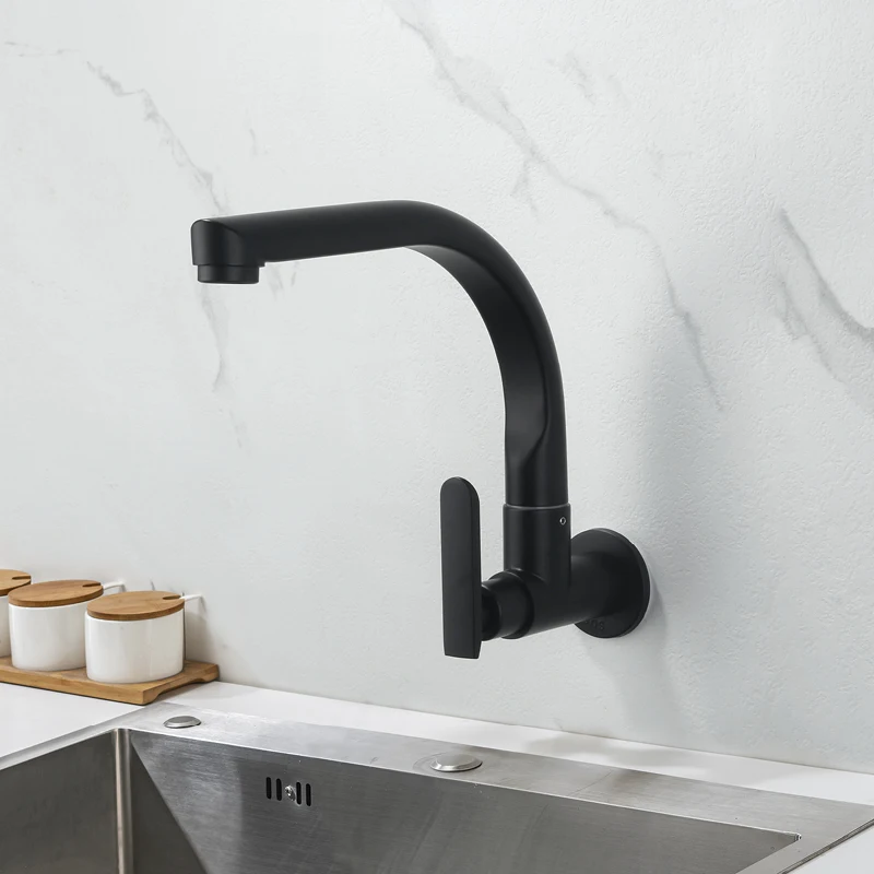 صنبور حوض المطبخ البارد المفرد المثبت على الحائط قابل للدوران 360 درجة °   صنبور حوض السفينة، صنابير المطبخ الحديثة ذات الفتحة الواحدة، أسود غير لامع #2