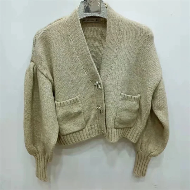 

Winter Puff Sleeve Knit Cardigan V-Neck Loose Thick Warm European And American Style Women's Casual Fashion Outerwear