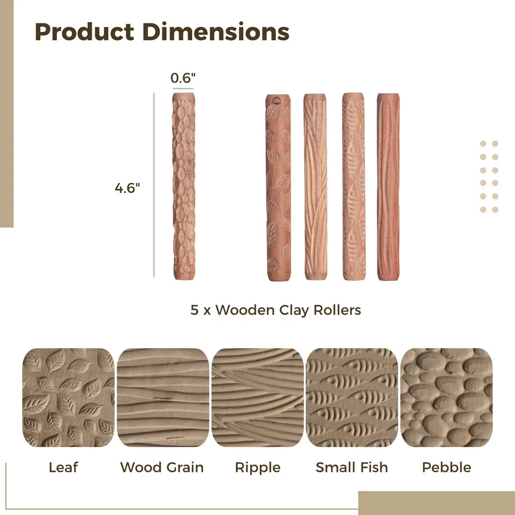 5 pçs rolos de argila de madeira folha peixe paralelepípedos ondulação grão textura rolos mini rolos de mão pinos de rolamento de argila para artesanato