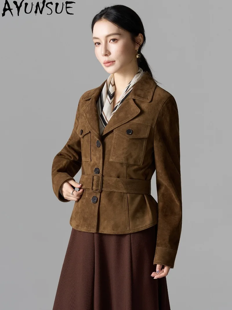 AYUSNUE Women Brown Suede Sheepskin Genuine Leather Jacket 2026 New Petite Waist Tight Retro Stylish Short Leather Coat Ladies