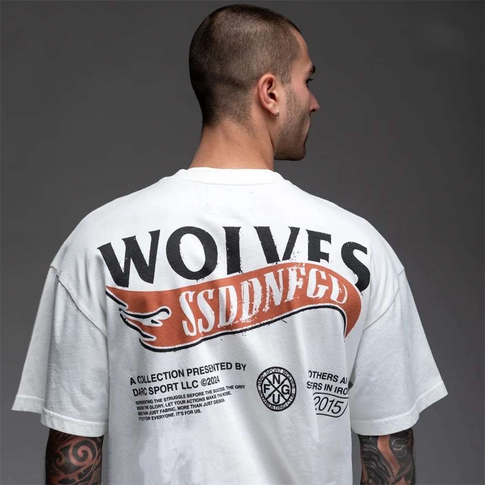 Oversize Black White 230G Cotton Hip Hop Streetwear Wolves Letter Print T Shirt Men Short Sleeve T-Shirt Cotton Loose Tops Tees