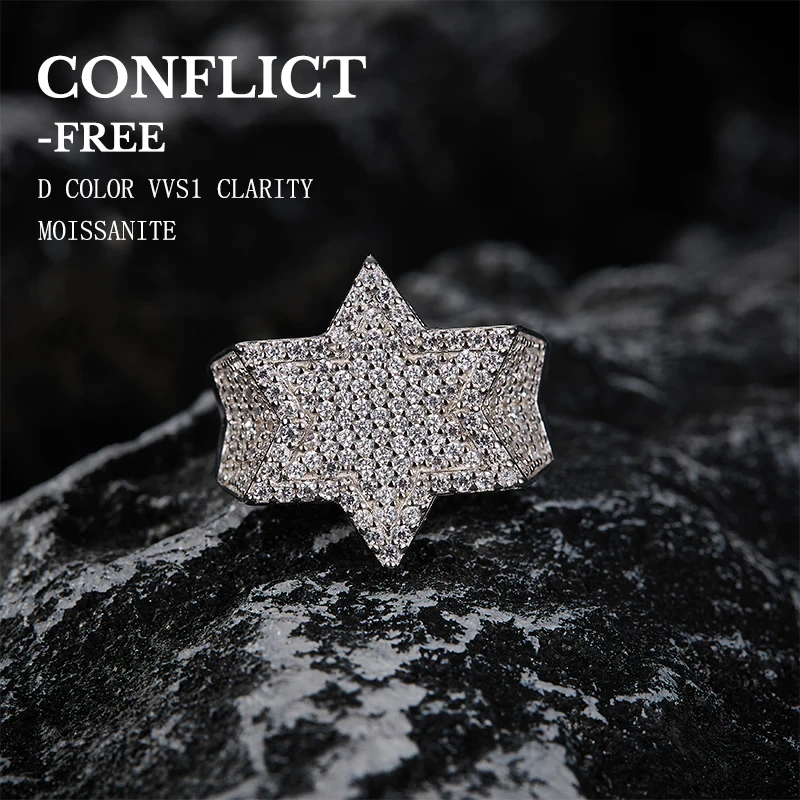 แหวนเงินแท้ S925 ประดับโมอิสซาไนต์ทรงหกเหลี่ยม สไตล์ฮิปฮอป เครื่องประดับแฟชั่นสำหรับทุกเพศ