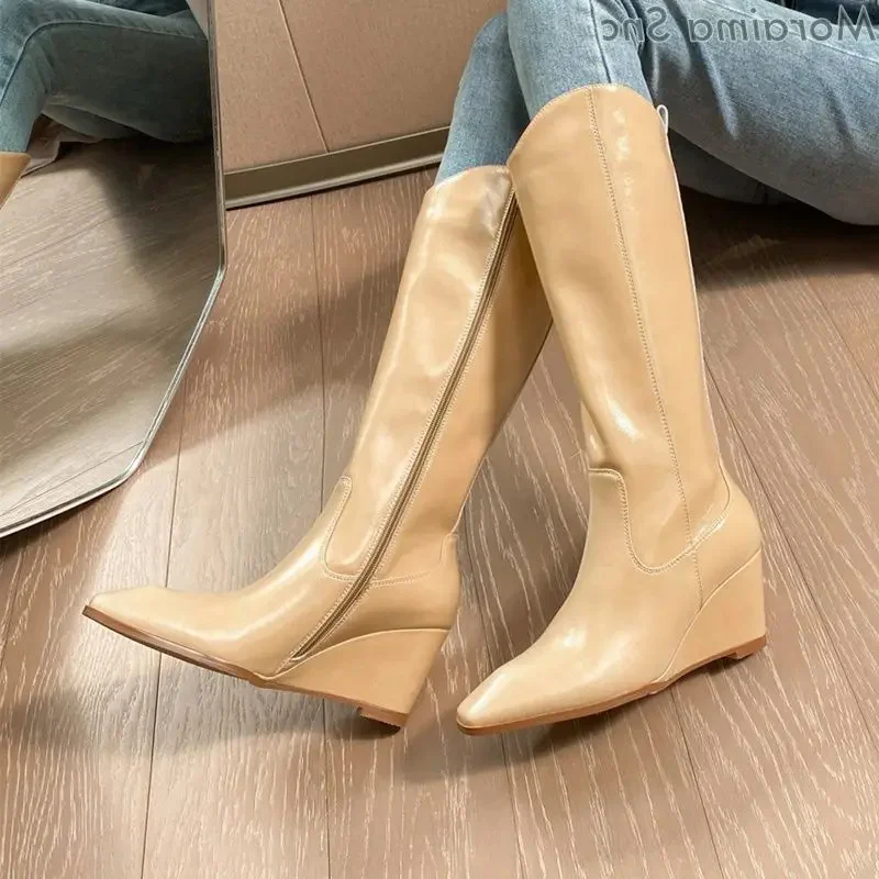 

Side Zipper Solid Concise Wedges Boots Square Toe Knee High Spring Autumn Winter New Fashion Women Shoes Black Yellow Long Botas