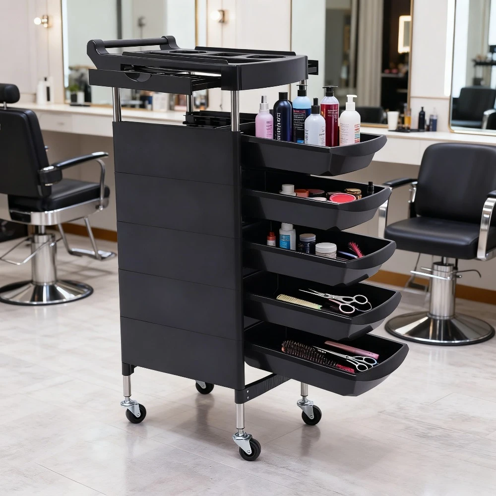 Salon Trolley with Handle and Rolling Wheels, 5 Drawers and 2 Hair Dryer Holder Side Tray, Professional Barber Luxury Spa Chair