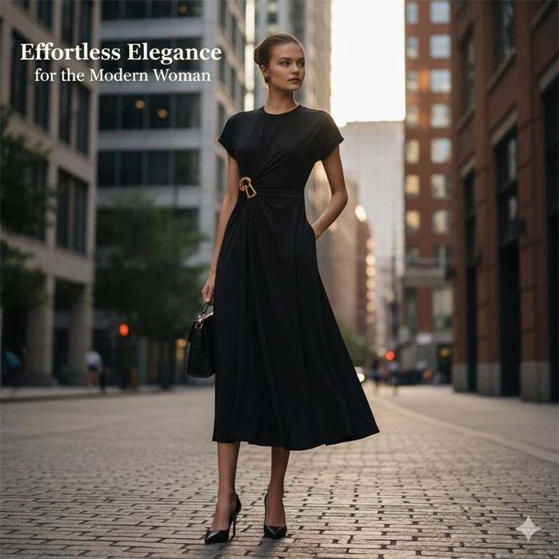 

Sophisticated Black Dress – French Retro Design with Metal Pin Detail and High Waist for Effortless Elegance