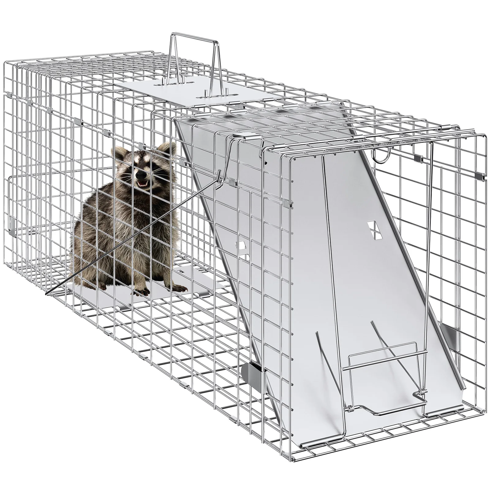 VEVOR 24/31/42/50in Live Animal Cage Trap Folding Humane Cat Trap Galvanized Iron with Handle for Rabbits Squirrels Groundhogs