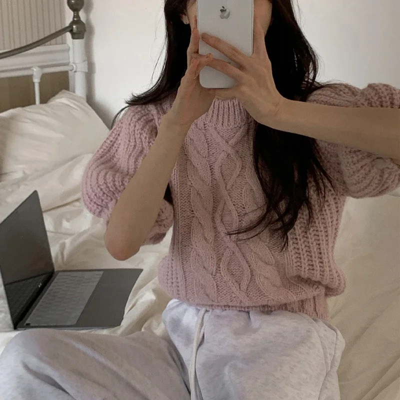 zomer herfst dames gebreide trui mode pofmouwen effen trui crop top elegante losse revers gebreide trui grijze tops