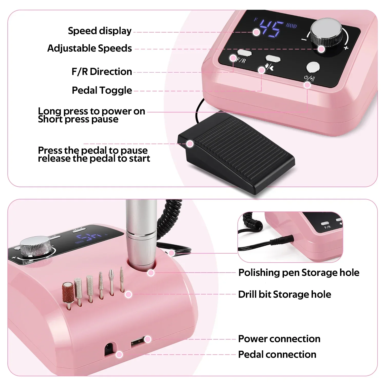 Perceuse à ongles électrique portable, machine de manucure professionnelle, ensemble de ponceuse à ongles avec foret, équipement de polissage de salon, 45000 tr/min