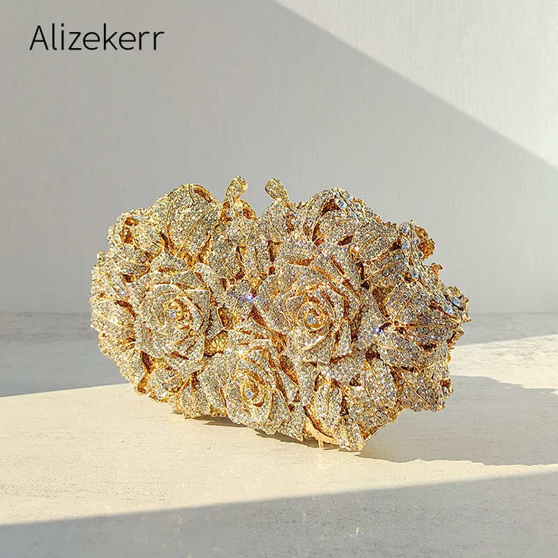 Alizekerr Rose Crystal Evening Clutch Bags Women New Luxury Boutique Sparkling Diamond Flower Purses And Handbags Wedding Party