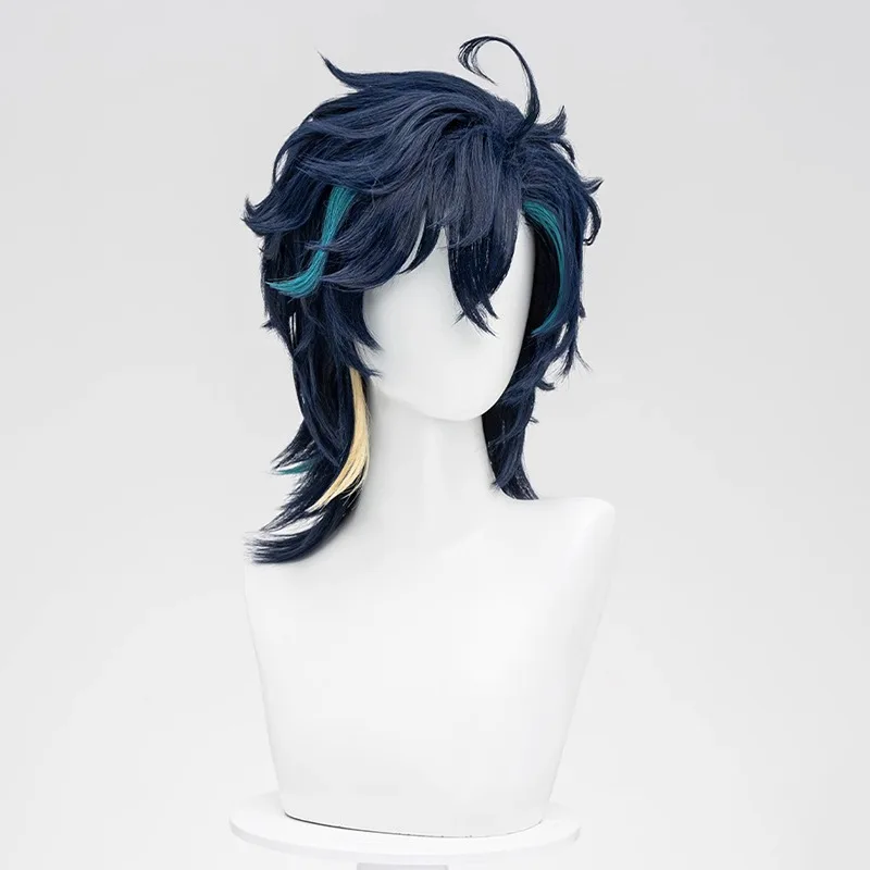 Peluca de juego Genshin Impact Kinich para hombre y mujer, pelo corto azul y verde degradado, 38cm, utilería para juego de rol de Halloween