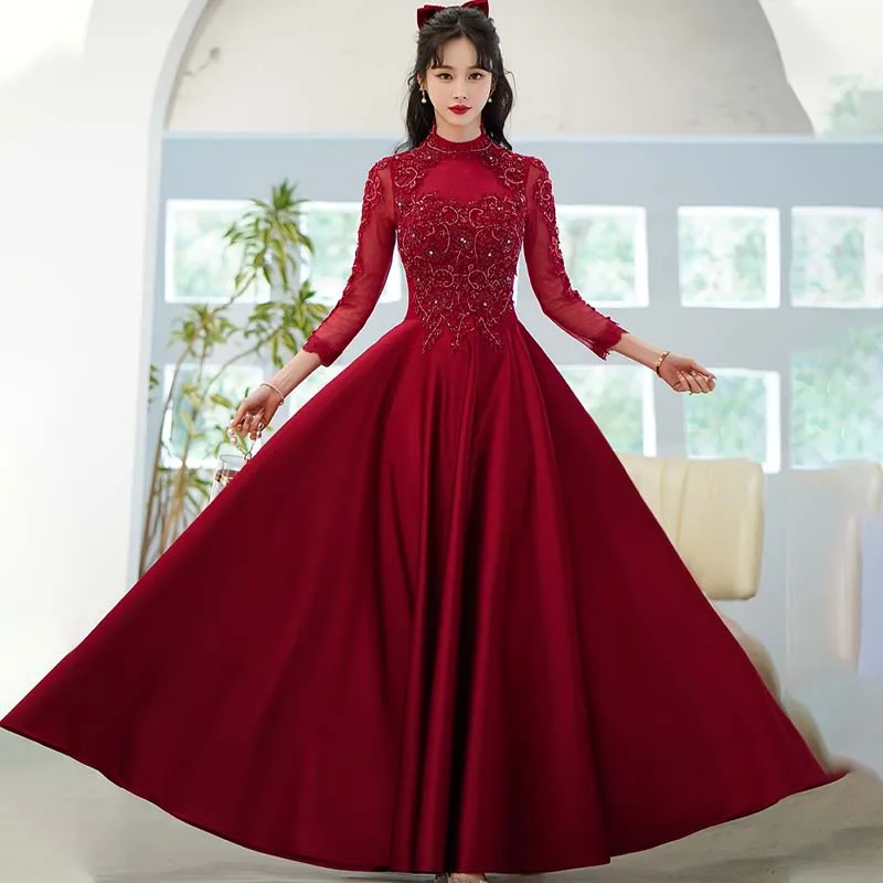 

Evening Dresses Burgundy High Collar Full Sleeves Beading Appliqes Zipper A-line Floor Length Plus size Women Party Dress A2465