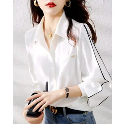 Spring New Simplicity Solid Shirt Tops Long Sleeve Polo Neck Contrast Loose All-match Blouse Temperament Fashion Women Clothing