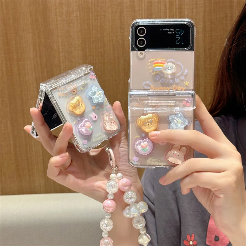 Korean Cute Star Clouds Phone Case For Samsung Galaxy Z Flip 6 5 4 3 Z Flip4 Flip5 Flip3 5G Cover with Chain Kawaii Hinge Cases